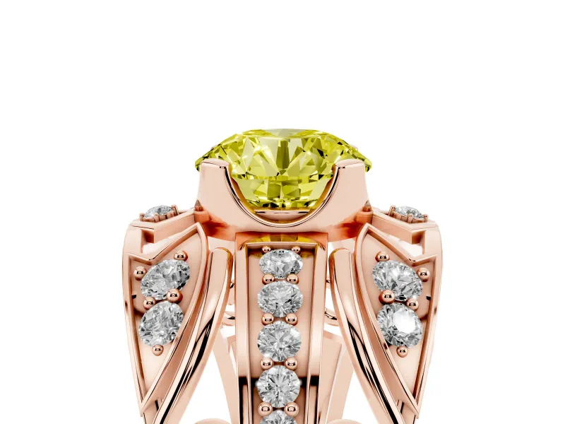 Fancy Yellow Round Cut Diamond Art Deco Ring Set in Rose gold with Pavé Split Shank