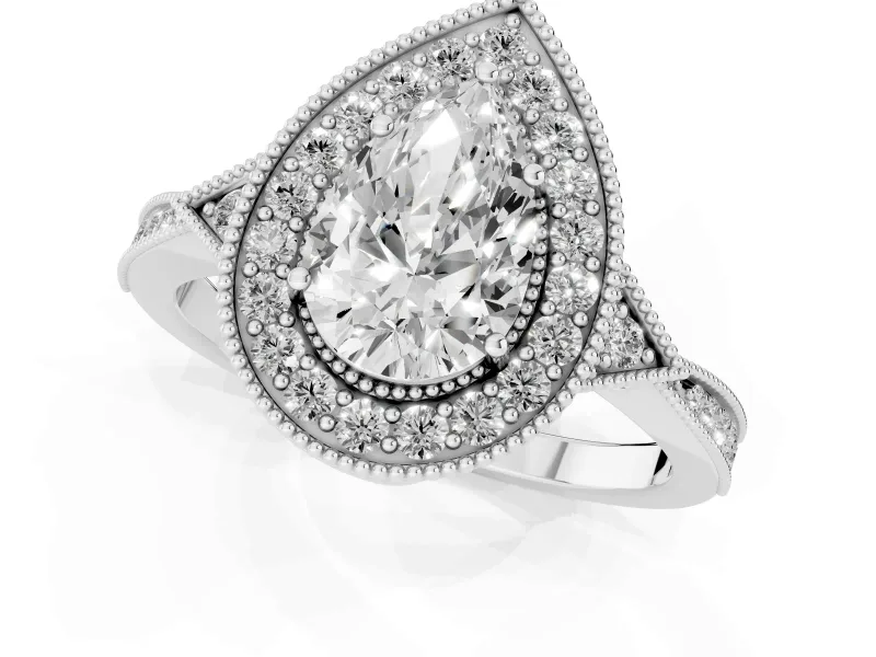Pear Cut Diamond Halo Engagement Ring Set in White gold with Milgrain Pavé Band