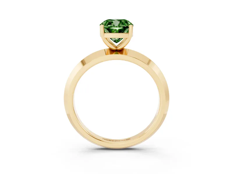 Fancy Green Cushion Cut Diamond Solitaire Engagement Ring Set in Yellow gold with Flat Band and Prong Setting