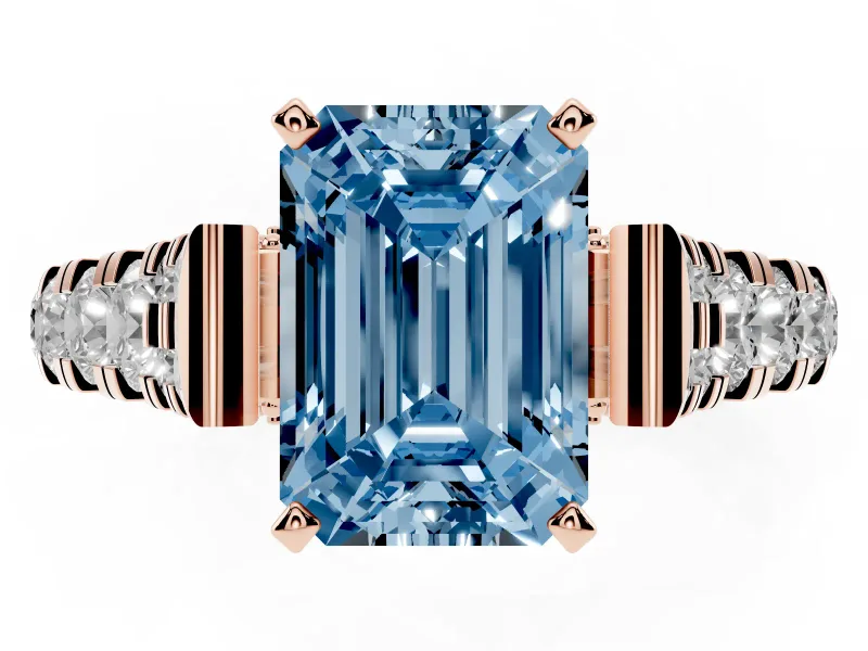 Emerald Cut Graduated Cathedral Engagement Ring Setting for a Fancy Blue Lab-Grown Diamond | Side Stones | Rose Gold