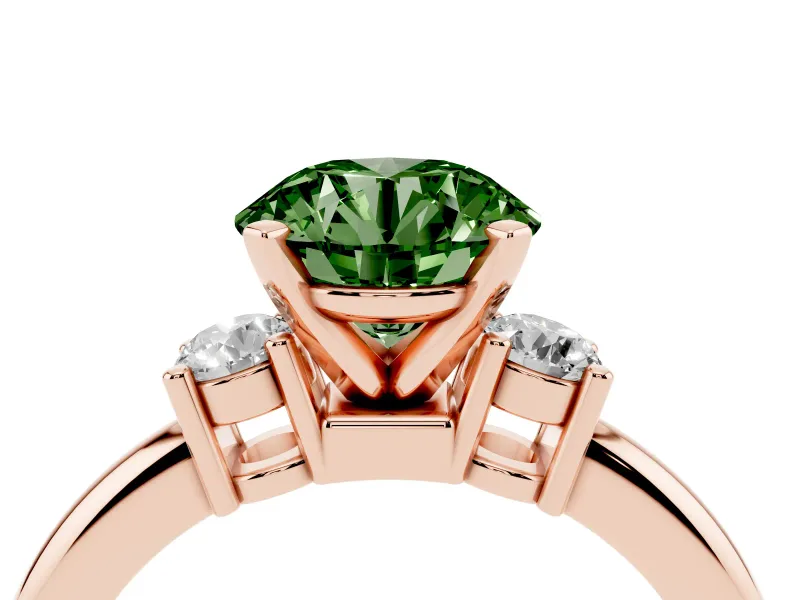 Fancy Green Three-Stone Round Cut Diamond Ring Set in Rose gold with Prong Setting and Plain Band