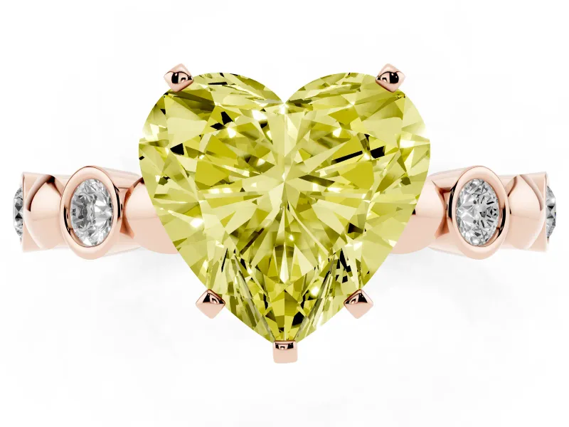 Fancy Yellow Heart Cut Diamond Solitaire Ring Set in Rose gold with Bezel-Set Accents on Beaded Band and Prong Setting