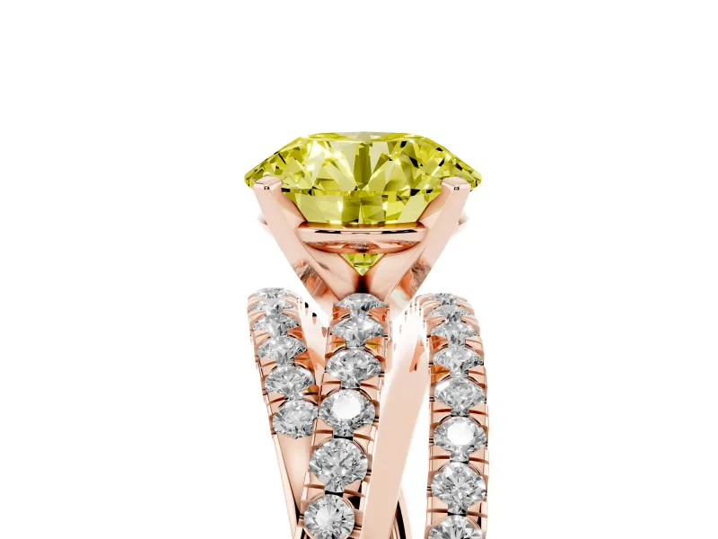 Fancy Yellow Round Cut Diamond Solitaire Twist Band Ring Set in Rose gold with Pavé Setting and Prong Head