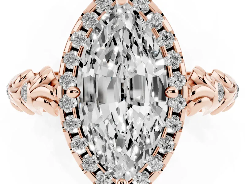 Marquise Filigree Leaf Halo Engagement Ring Setting | Bezel Leaf Accents | Rose Gold