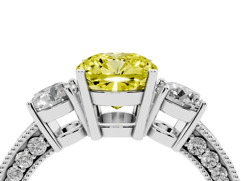 Fancy Yellow Cushion Cut Diamond Three-Stone Ring Set in White gold with Round Side Stones and Pavé Band