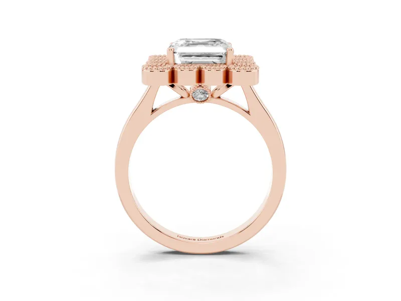 Asscher Cut Vintage Milgrain Bezel Cluster Halo Engagement Ring Setting | Plain Band | Rose Gold