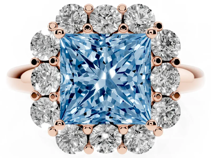 Princess Cut Graduated Milgrain Halo Engagement Ring Setting for a Fancy Blue Lab-Grown Diamond | Rose Gold