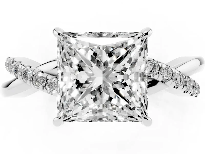 Princess Cut Crossover Pave Solitaire Engagement Ring Setting | Twisted Shoulders | White Gold