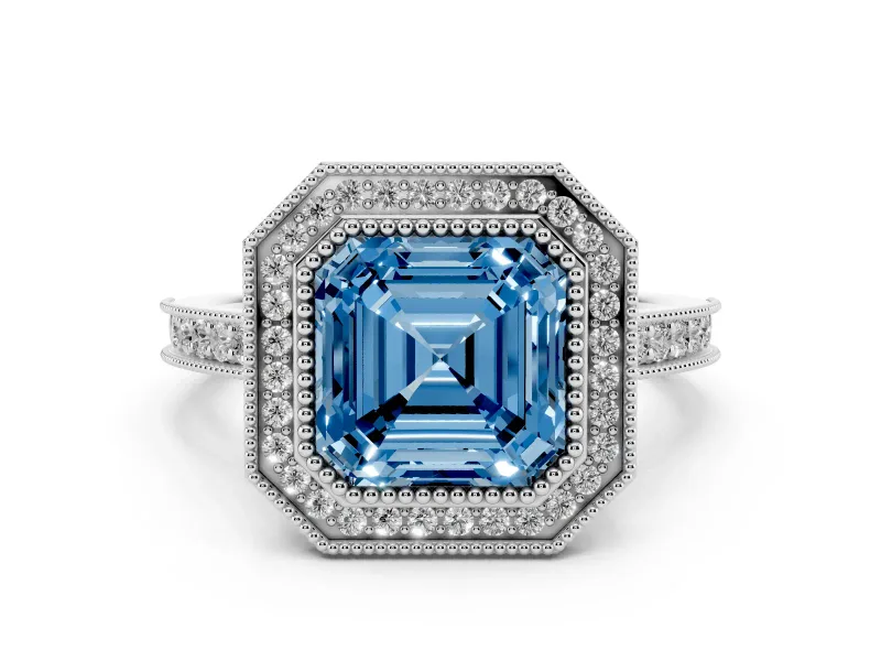 Fancy Blue Asscher Cut Diamond Halo Milgrain Pavé Band Ring Set in Platinum with Prong Setting