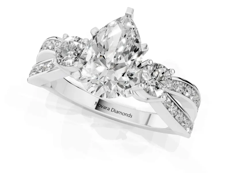 Three-Stone Pear Cut Diamond Twist Band Ring Set in Silver with Pavé Accents and Prong Setting