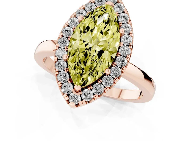 Fancy Yellow Marquise Cut Diamond Halo Solitaire Ring Set in Rose gold with Pavé Band and Prong Setting