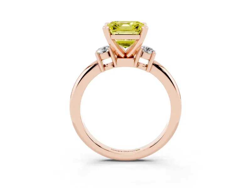 Asscher Cut Three Stone Engagement Ring Setting for a Fancy Yellow Lab-Grown Diamond | Round Side Stones | Rose Gold