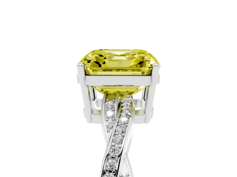 Fancy Yellow Asscher Cut Diamond Solitaire Twisted Pavé Ring Set in Platinum with Prong Setting