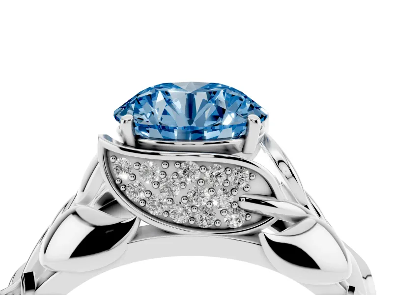 Fancy Blue Round Cut Diamond Leaf-Inspired Engagement Ring Set in White gold with Round Accents