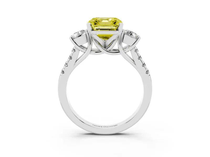 Fancy Yellow Three-Stone Asscher Cut Diamond Pavé Band Ring Set in Platinum with Prong-Set Trio
