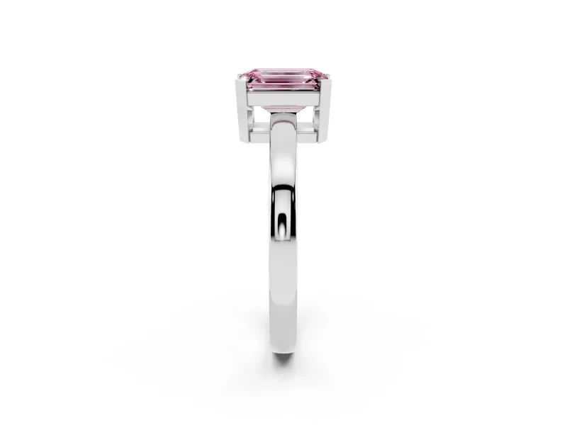 Fancy Pink Emerald Cut Diamond Solitaire Ring Set in Platinum with Prong Head and Smooth Polished Band