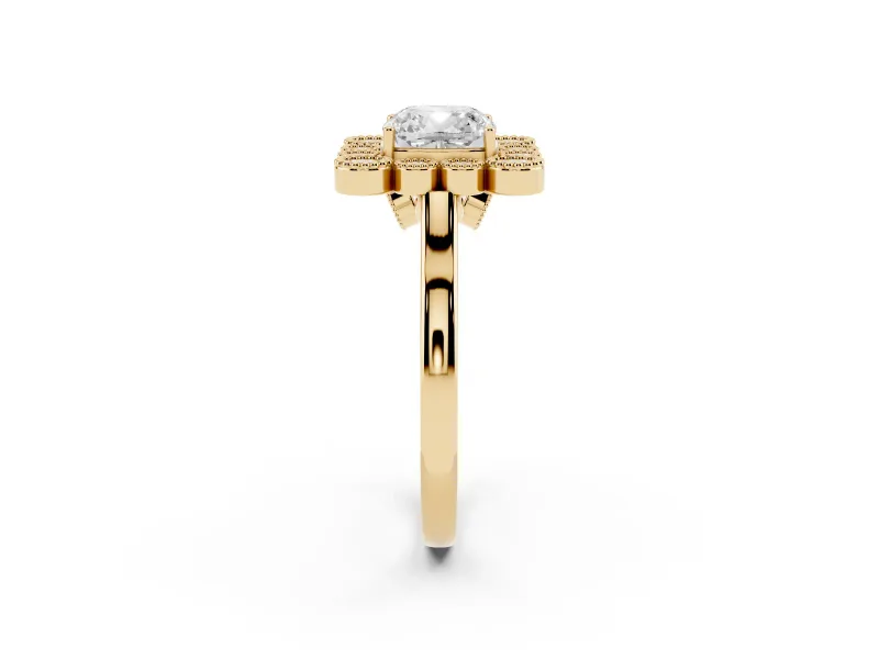 Cushion Cut Vintage Milgrain Bezel Cluster Halo Engagement Ring Setting | Plain Band | Yellow Gold