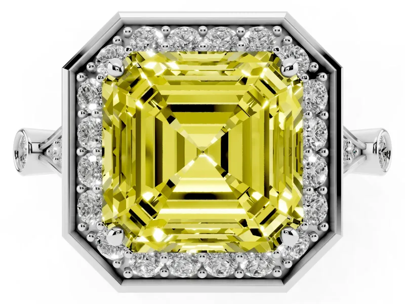 Asscher Cut Halo Engagement Ring Setting for a Fancy Yellow Lab-Grown Diamond | Bezel Station Shoulders | White Gold
