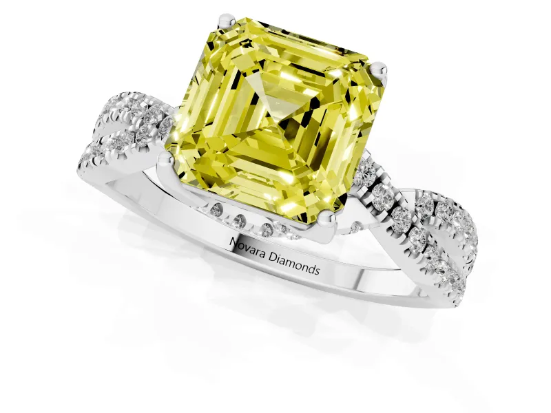 Fancy Yellow Asscher Cut Diamond Twist Pavé Solitaire Engagement Ring Set in Platinum with Prong Setting