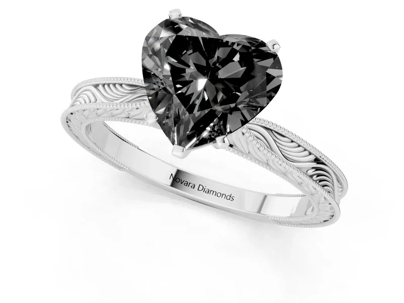 Fancy Black Heart Cut Diamond Solitaire Milgrain Engraved Band Set in White gold with Prong Setting
