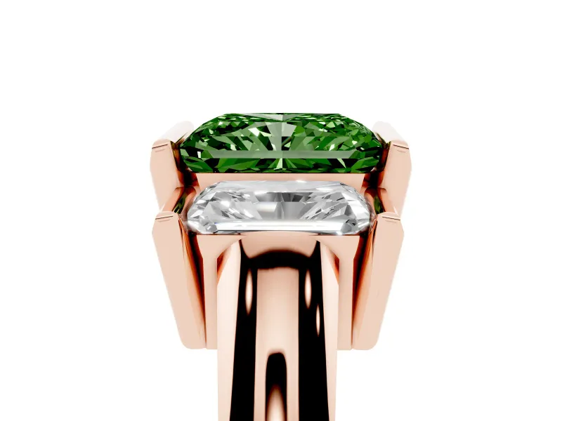 Radiant Cut Channel-Set Three Stone Engagement Ring Setting for a Fancy Green Lab-Grown Diamond | Rose Gold