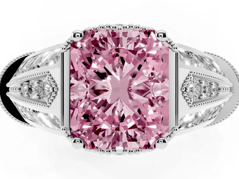 Fancy Pink Radiant Cut Diamond Vintage-Inspired Milgrain Ring Set in Silver with Accent Split Shank