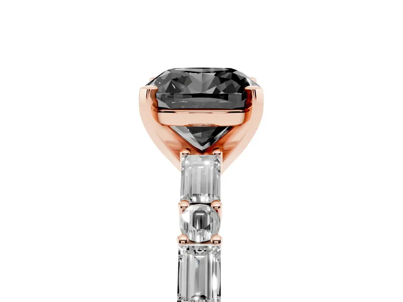 Fancy Black Cushion Cut Diamond Solitaire Set in Rose gold with Side Baguettes and Channel Set Band