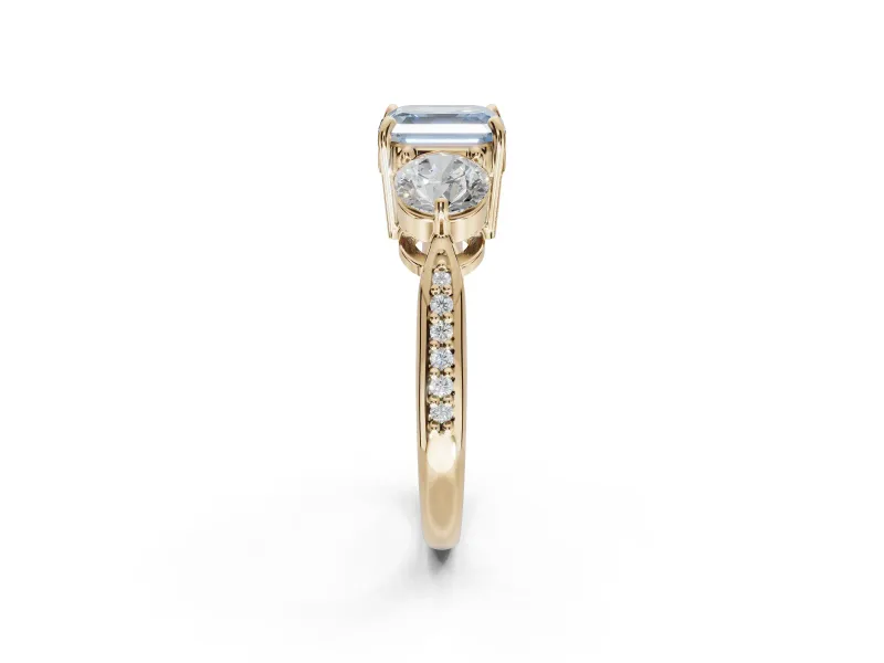 Asscher Cut Three Stone Engagement Ring Setting for a Fancy Blue Lab-Grown Diamond | Tapered Pave Band | Yellow Gold