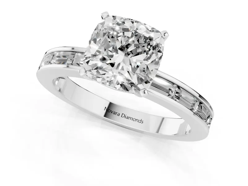 Cushion Cut Diamond Solitaire Ring Set in Silver with Channel-Set Baguette Band and Prong Setting