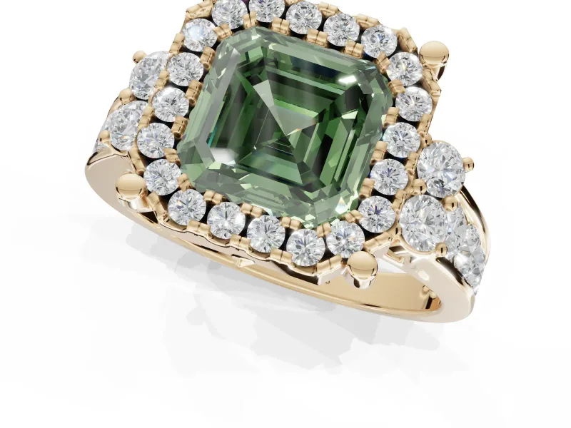 Asscher Cut Halo Engagement Ring Setting for a Fancy Green Lab-Grown Diamond | Graduated Channel Band | Yellow Gold