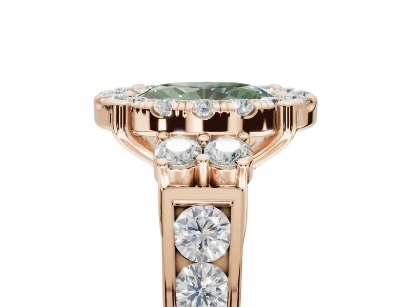Oval Halo Engagement Ring Setting for a Fancy Green Lab-Grown Diamond | Side Clusters | Rose Gold