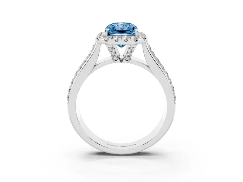 Radiant Cut Pavé Engagement Ring Setting for a Fancy Blue Lab-Grown Diamond | Wide Three-Row Band | White Gold