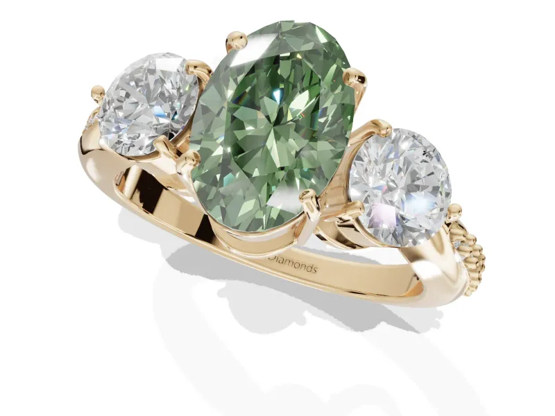 Oval Three Stone Engagement Ring Setting for a Fancy Green Lab-Grown Diamond | Tapered Pave Band | Yellow Gold