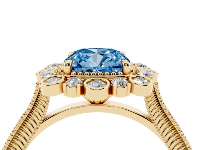 Fancy Blue Cushion Cut Diamond Halo Milgrain Pavé Ring Set in Yellow gold with Prong Setting
