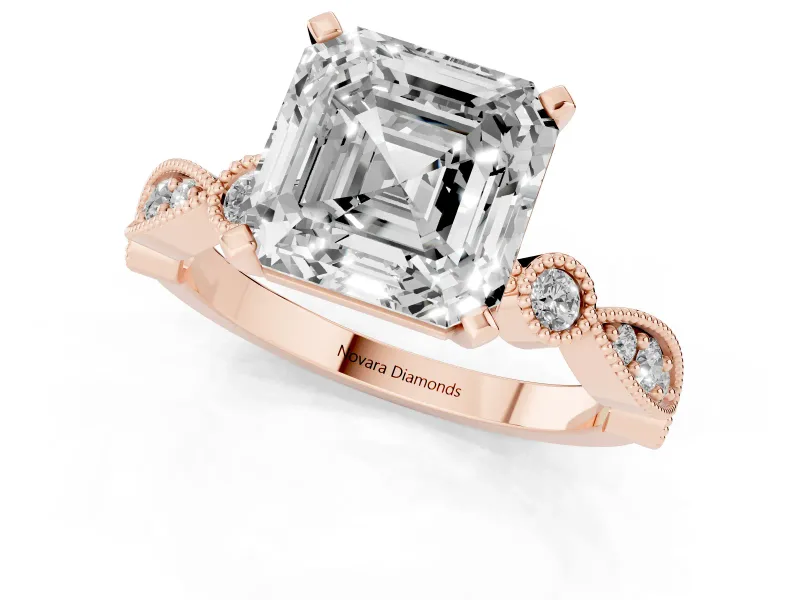 Asscher Cut Diamond Solitaire Engagement Ring Set in Rose gold with Milgrain Bezel Accent Band