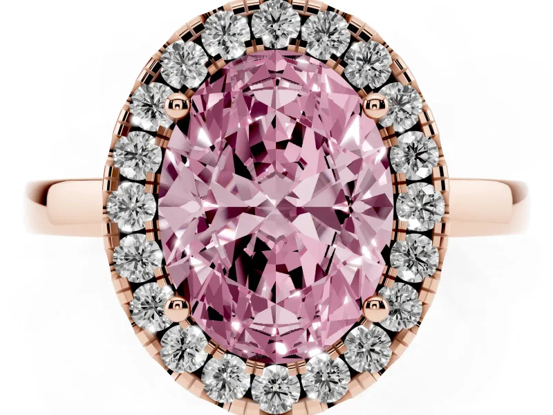 Fancy Pink Oval Cut Diamond Halo Solitaire Ring Set in Rose gold with Pavé Band and Prong Setting