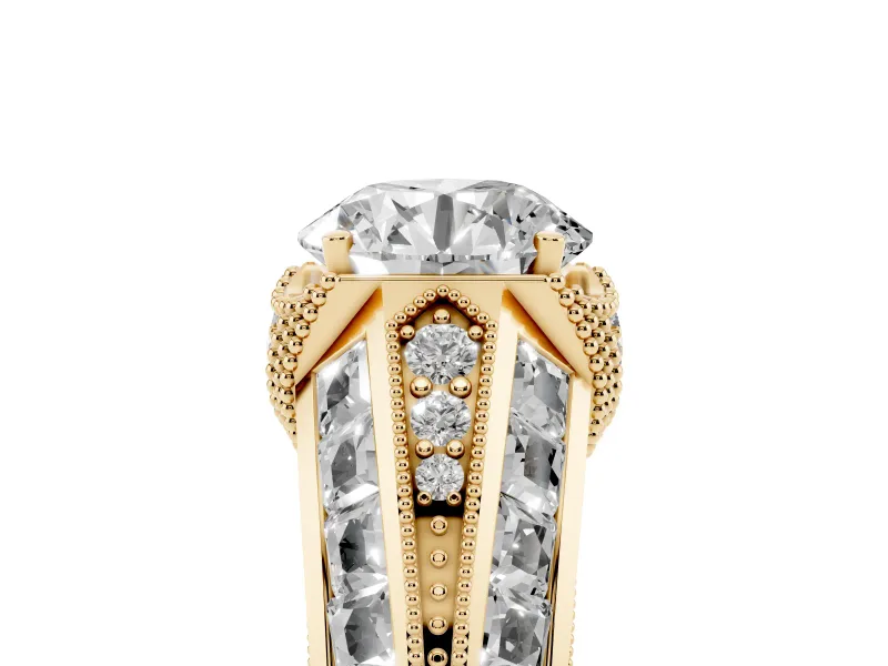 Round Cut Diamond Vintage-Inspired Milgrain Ring Set in Yellow gold with Accent Split Shank