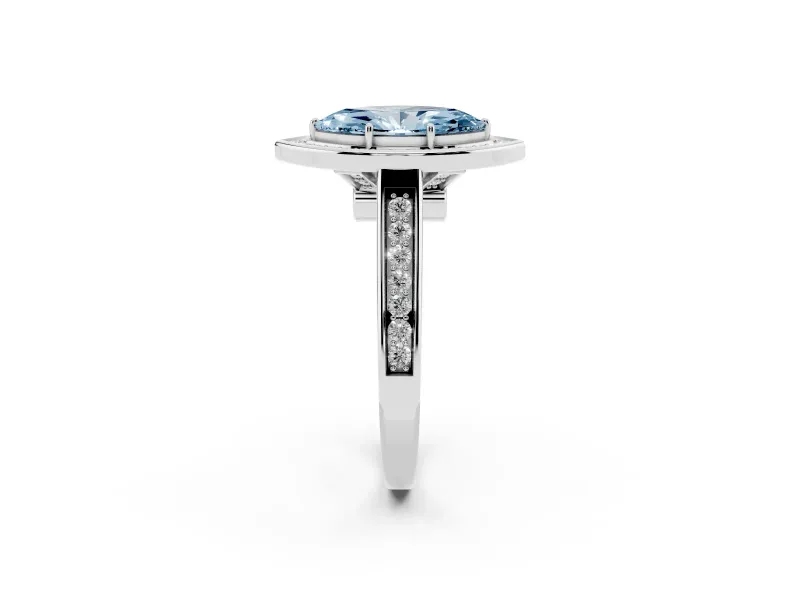 Fancy Blue Marquise Cut Diamond Halo Solitaire Ring Set in Silver with Pavé Band and Bezel Setting