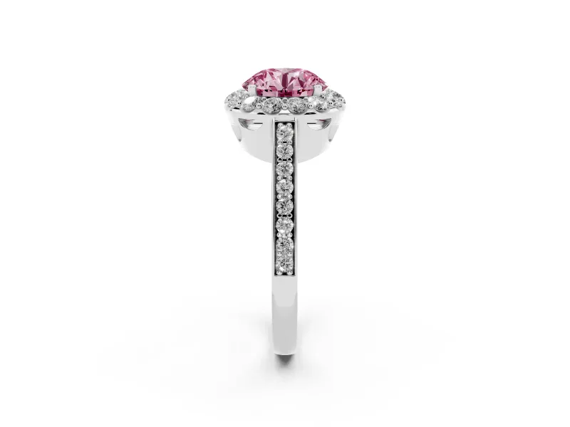 Round Floral Halo Engagement Ring Setting for a Fancy Pink Lab-Grown Diamond | Large Round Accents | White Gold