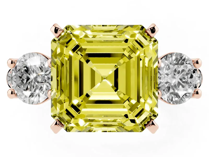 Asscher Cut Three-Stone Engagement Ring Setting for a Fancy Yellow Lab-Grown Diamond | Rose Gold