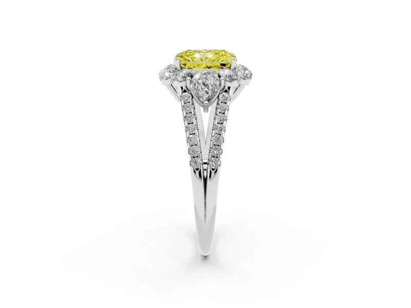 Radiant Cut Scalloped Halo Engagement Ring Setting for a Fancy Yellow Lab-Grown Diamond | Pear Side Stones | Platinum
