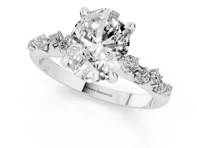 Oval Cut Diamond Solitaire Vine Band Ring Set in Silver with Round Accents and Prong Setting