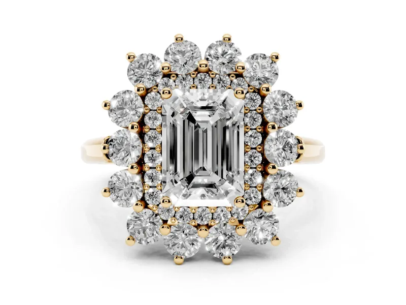 Emerald Cut Diamond Floral Double Halo Ring Set in Yellow gold with Round Petals