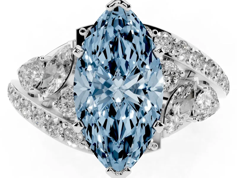 Fancy Blue Marquise Cut Diamond Halo Ring Set in White gold with Marquise and Pavé Band in Prong Setting