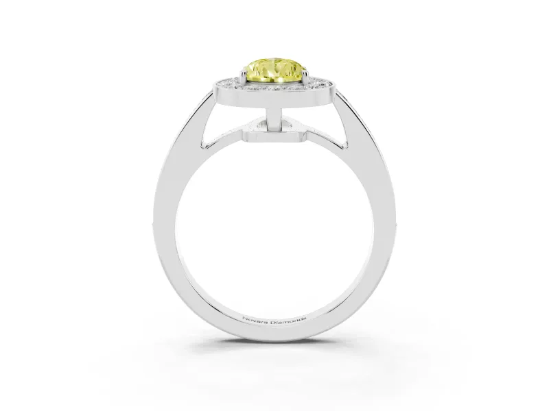 Fancy Yellow Pear Cut Diamond Halo Pavé Engagement Ring Set in Platinum with Bezel Setting