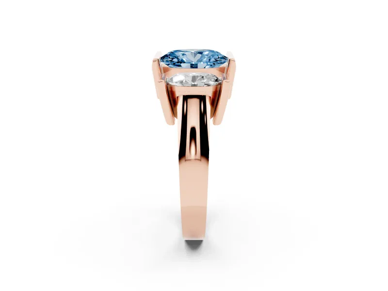 Fancy Blue Oval Cut Diamond Three-Stone Channel Set Ring Set in Rose gold with Smooth Polished Band