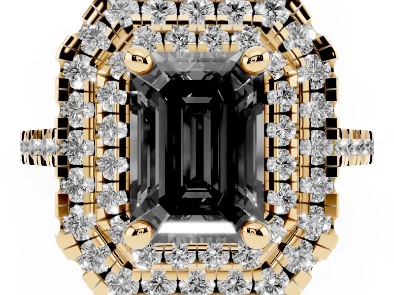 Fancy Black Emerald Cut Diamond Double Halo Statement Ring Set in Yellow gold with Pavé Band