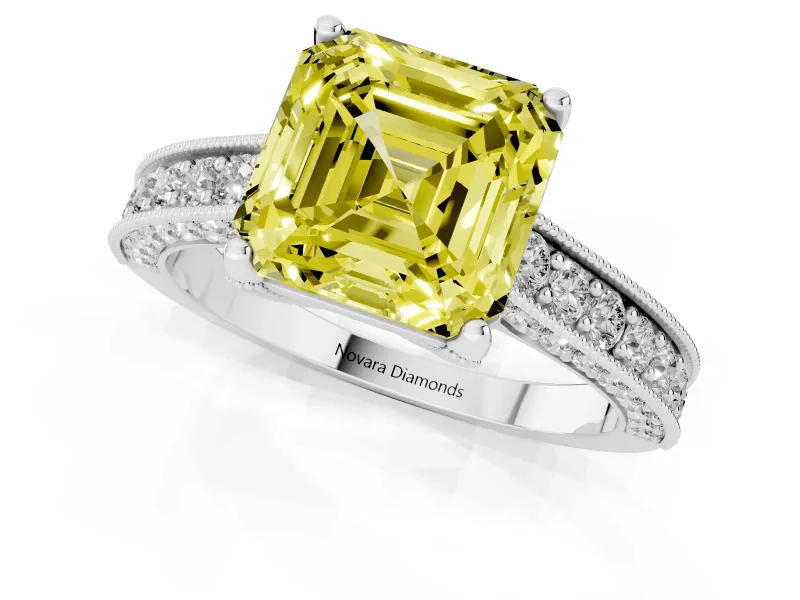 Asscher Cut Hidden Halo Engagement Ring Setting for a Fancy Yellow Lab-Grown Diamond | Milgrain Pave | White Gold