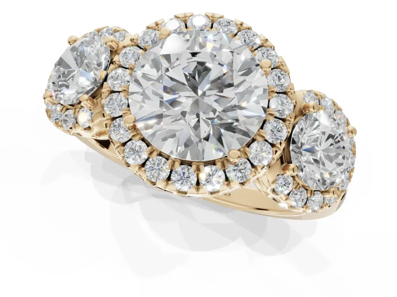 Round Three Stone Halo Engagement Ring Setting | Haloed Side Stones | Yellow Gold