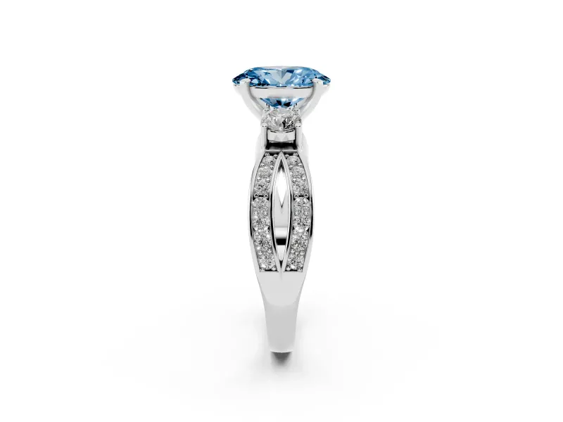 Fancy Blue Three-Stone Oval Cut Diamond Twist Band Ring Set in White gold with Pavé Accents and Prong Setting